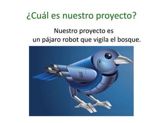 ¿Cuál es nuestro proyecto?
Nuestro proyecto es
un pájaro robot que vigila el bosque.
 