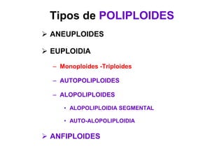 Tipos de POLIPLOIDES
 ANEUPLOIDES
 EUPLOIDIA
– Monoploides -Triploides
– AUTOPOLIPLOIDES
– ALOPOLIPLOIDES
• ALOPOLIPLOIDIA SEGMENTAL
• AUTO-ALOPOLIPLOIDIA
 ANFIPLOIDES
 