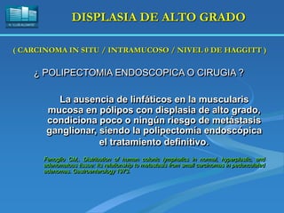 H. “LLUÍS ALCANYÍS”
DISPLASIA DE ALTO GRADO
¿ POLIPECTOMIA ENDOSCOPICA O CIRUGIA ?
La ausencia de linfáticos en la muscularis
mucosa en pólipos con displasia de alto grado,
condiciona poco o ningún riesgo de metástasis
ganglionar, siendo la polipectomía endoscópica
el tratamiento definitivo.
Fenoglio CM,. Distribution of human colonic lymphatics in normal, hyperplastic, and
adenomatous tissue: Its relationship to metastasis from small carcinomas in pedunculated
adenomas. Gastroenterology 1973.
( CARCINOMA IN SITU / INTRAMUCOSO / NIVEL 0 DE HAGGITT )
 