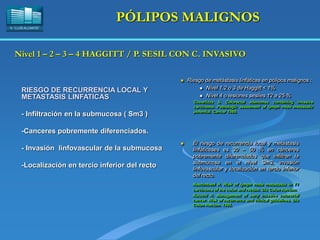 H. “LLUÍS ALCANYÍS”
PÓLIPOS MALIGNOS
 Riesgo de metástasis linfáticas en pólipos malignos :
 Nivel 1,2 o 3 de Haggitt < 1%
 Nivel 4 o lesiones sesiles 12 a 25 %
Coverlizza S. Colorectal adenomas containing invasive
carcinoma. Pathologic assesment of lymph node metastatic
potential. Cancer 1989.
 El riesgo de recurrencia local y metástasis
linfáticases es 30 – 50 % en cánceres
pobremente diferenciados que infiltran la
submucosa en el nivel Sm3, invasión
linfovascular y localización en tercio inferior
del recto.
Nascimbeni R. Risk of lymph node metastasis in T1
carcinoma of the colon and rectum. Dis Colon Rectum.
Kikuchi R. Management of early invasive colorectal
cancer. Risk of recurrence and clinical guidelines. Dis
Colon Rectum. 1995.
Nivel 1 – 2 – 3 – 4 HAGGITT / P. SESIL CON C. INVASIVO
RIESGO DE RECURRENCIA LOCAL Y
METASTASIS LINFATICAS
- Infiltración en la submucosa ( Sm3 )
-Canceres pobremente diferenciados.
- Invasión linfovascular de la submucosa
-Localización en tercio inferior del recto
 
