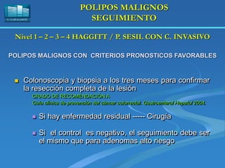 H. “LLUÍS ALCANYÍS”
POLIPOS MALIGNOS
SEGUIMIENTO
 Colonoscopia y biopsia a los tres meses para confirmar
la resección completa de la lesión
GRADO DE RECOMENDACIÓN A
Guía clínica de prevención del cáncer colorrectal. Gastroenterol Hepatol 2004.
 Si hay enfermedad residual ----- Cirugía
 Si el control es negativo, el seguimiento debe ser
el mismo que para adenomas alto riesgo
Nivel 1 – 2 – 3 – 4 HAGGITT / P. SESIL CON C. INVASIVO
POLIPOS MALIGNOS CON CRITERIOS PRONOSTICOS FAVORABLES
 