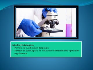 Estudio Histológico:
• Permite la clasificación del pólipo.
• Se tiene en cuenta par a la indicación de tratamiento y posterior
seguimiento.
 