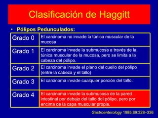 Clasificación de Haggitt Pólipos Pedunculados: Gastroenterology  1985;89:328–336  El carcinoma invade la submucosa de la pared intestinal por debajo del tallo del pólipo, pero por encima de la capa muscular propia. Grado 4 El carcinoma invade cualquier porción del tallo. Grado 3 El carcinoma invade el plano del cuello del pólipo (entre la cabeza y el tallo) Grado 2 El carcinoma invade la submucosa a través de la túnica muscular de la mucosa, pero se limita a la cabeza del pólipo. Grado 1 El carcinoma no invade la túnica muscular de la mucosa Grado 0 