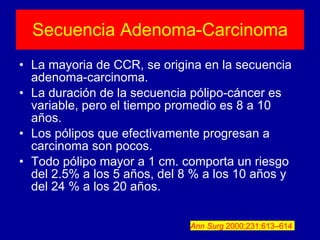 Secuencia Adenoma-Carcinoma La mayoria de CCR, se origina en la secuencia adenoma-carcinoma. La duración de la secuencia pólipo-cáncer es variable, pero el tiempo promedio es 8 a 10 años. Los pólipos que efectivamente progresan a carcinoma son pocos. Todo pólipo mayor a 1 cm. comporta un riesgo del 2.5% a los 5 años, del 8 % a los 10 años y del 24 % a los 20 años. Ann Surg  2000;231:613–614   