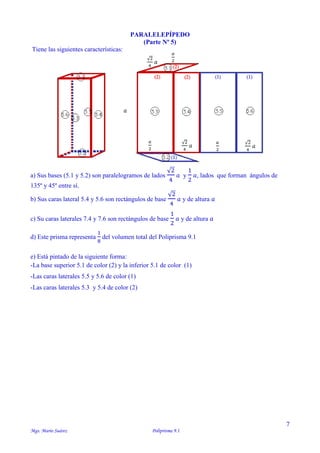 7
Mgs. Mario Suárez Poliprisma 9.1
PARALELEPÍPEDO
(Parte Nº 5)
Tiene las siguientes características:
a) Sus bases (5.1 y 5.2) son paralelogramos de lados
√2
4
𝑎 y
1
2
𝑎, lados que forman ángulos de
135º y 45º entre sí.
b) Sus caras lateral 5.4 y 5.6 son rectángulos de base
√2
4
𝑎 y de altura 𝑎
c) Su caras laterales 7.4 y 7.6 son rectángulos de base
1
2
𝑎 y de altura 𝑎
d) Este prisma representa
1
8
del volumen total del Poliprisma 9.1
e) Está pintado de la siguiente forma:
-La base superior 5.1 de color (2) y la inferior 5.1 de color (1)
-Las caras laterales 5.5 y 5.6 de color (1)
-Las caras laterales 5.3 y 5.4 de color (2)
𝑎
2
𝑎
2
√2
4
𝑎
𝑎
2
√2
4
𝑎
√2
4
𝑎
𝑎
 