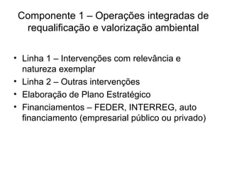 Componente 1 – Operações integradas de 
requalificação e valorização ambiental 
• Linha 1 – Intervenções com relevância e 
natureza exemplar 
• Linha 2 – Outras intervenções 
• Elaboração de Plano Estratégico 
• Financiamentos – FEDER, INTERREG, auto 
financiamento (empresarial público ou privado) 
 
