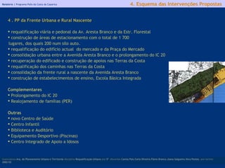 Relatório |  Programa Polis da Costa da Caparica 4 . PP da Frente Urbana e Rural Nascente requalificação viária e pedonal da Av. Aresta Branco e da Estr. Florestal construção de áreas de estacionamento com o total de 1 700  lugares, dos quais 200 num silo auto. requalificação do edifício actual  do mercado e da Praça do Mercado consolidação urbana entre a Avenida Aresta Branco e o prolongamento do IC 20 recuperação do edificado e construção de apoios nas Terras da Costa requalificação dos caminhas nas Terras da Costa consolidação da frente rural a nascente da Avenida Aresta Branco construção de estabelecimentos de ensino, Escola Básica Integrada Complementares Prolongamento do IC 20 Realojamento de famílias (PER) Outras novo Centro de Saúde Centro Infantil Biblioteca e Auditório Equipamento Desportivo (Piscinas) Centro Integrado de Apoio a Idosos   licenciatura  Arq. do Planeamento Urbano e Territorial  disciplina  Requalificação Urbana  ano  5º   discentes   Carina Pais.Carla Oliveira.Flávio Branco.Joana Salgueiro.Vera Pontes  ano lectivo  2002/03 4. Esquema das Intervenções Propostas 