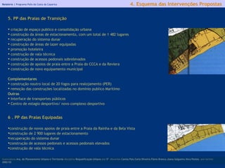 Relatório |  Programa Polis da Costa da Caparica 5. PP das Praias de Transição criação de espaço publico e consolidação urbana construção da áreas de estacionamento, com um total de 1 482 lugares recuperação do sistema dunar construção de áreas de lazer equipadas  promoção hoteleira construção de vala técnica construção de acessos pedonais sobrelevados construção de apoios de praia entre a Praia do CCCA e da Reviera construção de novo equipamento municipal   Complementares construção noutro local de 20 fogos para realojamento (PER) remoção das construções localizadas no domínio publico Marítimo Outras Interface de transportes públicos Centro de estagio desportivo/ novo complexo desportivo 6 . PP das Praias Equipadas construção de novos apoios de praia entre a Praia da Rainha e da Bela Vista construção de 2 900 lugares de estacionamento recuperação do sistema dunar construção de acessos pedonais e acessos pedonais elevados construção de vala técnica licenciatura  Arq. do Planeamento Urbano e Territorial  disciplina  Requalificação Urbana  ano  5º   discentes   Carina Pais.Carla Oliveira.Flávio Branco.Joana Salgueiro.Vera Pontes  ano lectivo  2002/03 4. Esquema das Intervenções Propostas 