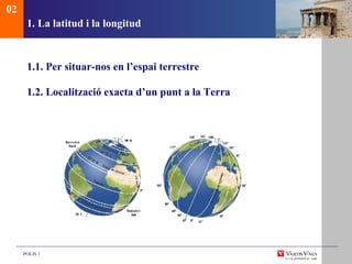 1. La latitud i la longitud 1.1. Per situar-nos en l’espai terrestre 1.2. Localització exacta d’un punt a la Terra 02 