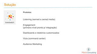 Solução
Produtos:
Listening (earned e owned media)
Engagement
(primeiro nível pronto p/ integração)
Dashboards e relatórios customizados
Vizia (command center)
Audience Marketing
 
