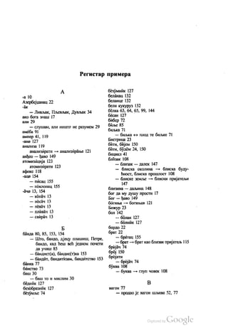 Регистар
-a 10
Азербејџанац 22
-ак
— Ливљак, Пљевљак, Дувљак 34
ако бога знаш 17
али 29
— слушам, али ништа не разумем 29
амеба 91
ампер 41, 119
-ана 127
анализа 119
анализирати — анализирање 121
анђео — ђаво 149
атомизација 123
атомизирати 123
афикс 118
-аца 154
— писац 155
— поклопац 155
-ача 13, 154
— копач 13
— носач 13
— певач 13
— Пливач 13
— свирач 13
Б
банда 80, 85, 153, 154
— Што, бандо, дјецу плашиш, Петре,
бандо, кад ћеш већ једном почети
да учиш 85
— бандист(а), бандиc(т)ка 153
— бандит, бандитизам, бандитство 153
бáHКа 77
бáнство 73
баш 30
— баш то и мислим 30
бедник 127
безобразник 127
безумље 74
примера
безумник 127
беланац 132
беланце 132
бели кукуруз 132
белка 63, 64, 65, 99, 144
бесан 127
бибер 72
биље 85
бИЉКа 71
— биљка - плод те биљке 71
Бистрица 23
бити, бијем 150
бити, будем 24, 150
бицикл 41
близак 108
— близак — далек 147
— блиска околина — блиска буду
ћност, блиска прошлост 108
— блиске земље — блиски пријатељи
147
близина — даљина 148
бог да му душу прости 17
Бог — ђаво 149
богиња — богињав 121
Божур 23
бол 142
— болан 127
— болник 127
бордо 22
брат 22
— братац 155
— брат — брат као близак пријатељ 115
бријач 74
број 150
бројати
— бројач 74
буква 108
— буква — глуп човек 108
В
вагон 77
— продао је вагон шљива 52, 77
 