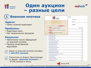 Один аукцион
– разные цели
Охват по военной ипотеке составил
1 494 874 показов
Статистика из Яндекс Прогнозатора
по фразе «военная ипотека» —
57156 показов в месяц
Задача:
• Поиск нужной аудитории
1 Военная ипотека
Проблемы:
• Аудитории мало
• Нет тематических ресурсов
Результат:
• Увеличение числа обращений
по военной ипотеке
• Приход качественной
аудитории
Эпоха RTB
19
 