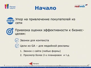 Начало
Привязка оценки эффективности к бизнес-
целям:
Цели из GA – для медийной рекламы
Звонки для контекста
1. Звонок с сайта (любые формы)
2. Просмотр более 2-х планировок и т.д.
Упор на привлечение покупателей из
сети
Начало
6
 