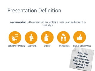 Presentation Definition 
A presentation is the process of presenting a topic to an audience. It is 
typically a 
DEMONSTRATION LECTURE SPEECH PERSUADE BUILD GOOD WILL 
 