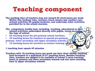 Teaching component
The working time of teachers may not exceed 40 clock hours per week.
Within this working time, teachers teach classes and conduct care-
related activities for pupils/students, and undertake other activities
provided for in the school statutes.
The  compulsory weekly load, including teaching, educational or care-
related activities undertaken directly with pupils, varies according to
the type of school:
• 25 teaching hours for pre-primary school teachers;
• 18 teaching hours for teachers in special pre-primary,
primary, lower secondary and upper secondary schools;
• 15 teaching hours for teachers in teacher training colleges.
1 teaching hour equals 45 minutes.
Teachers with 18 teaching hours per week can have their weekly teaching
load increased to a maximum of 27 teaching hours. Besides teaching
time, teachers are obliged to be available at school 2 extra teaching
hours in primary and lower secondary schools and one extra teaching
hour in upper secondary schools.
 