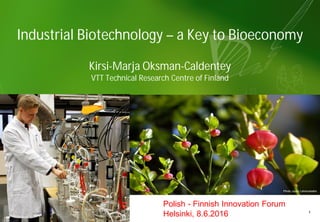 11
Industrial Biotechnology – a Key to Bioeconomy
Kirsi-Marja Oksman-Caldentey
VTT Technical Research Centre of Finland
Photo Jouko Lehmuskallio
Polish - Finnish Innovation Forum
Helsinki, 8.6.2016
 
