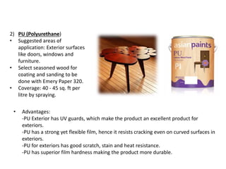 2) PU (Polyurethane)
• Suggested areas of
application: Exterior surfaces
like doors, windows and
furniture.
• Select seasoned wood for
coating and sanding to be
done with Emery Paper 320.
• Coverage: 40 - 45 sq. ft per
litre by spraying.
• Advantages:
-PU Exterior has UV guards, which make the product an excellent product for
exteriors.
-PU has a strong yet flexible film, hence it resists cracking even on curved surfaces in
exteriors.
-PU for exteriors has good scratch, stain and heat resistance.
-PU has superior film hardness making the product more durable.
 