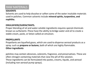 RAW MATERIALS
SOLVENTS
Solvents are used to help dissolve or soften some of the water insoluble materials
used in polishes. Common solvents include mineral spirits, turpentine, and
naphtha.
EMULSIFIERS/SURFACTANTS.
Proper blending of oil and water-soluble ingredients requires special chemicals
known as surfactants .These have the ability to bridge water and oil to create a
stable cream, paste, or lotion called an emulsion.
PROPELLANTS
Propellants are liquefied gases, which are used to dispense aerosol products as a
spray. such as propane or butane, both of which are highly flammable.
Other ingredients
polishes may contain abrasives, colorants, fragrance, and preservatives. These are
often nitrogen containing materials that raise the pH of the solution.
These ingredients can be formulated into pastes, creams, liquids, and aerosol
(including non-aerosol pump sprays).
 