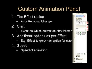 Custom Animation Panel <ul><li>The Effect option </li></ul><ul><ul><li>Add/ Remove/ Change </li></ul></ul><ul><li>Start  <...