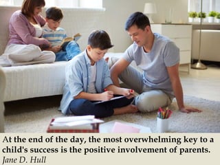 At the end of the day, the most overwhelming key to a
child's success is the positive involvement of parents.
Jane D. Hull
 