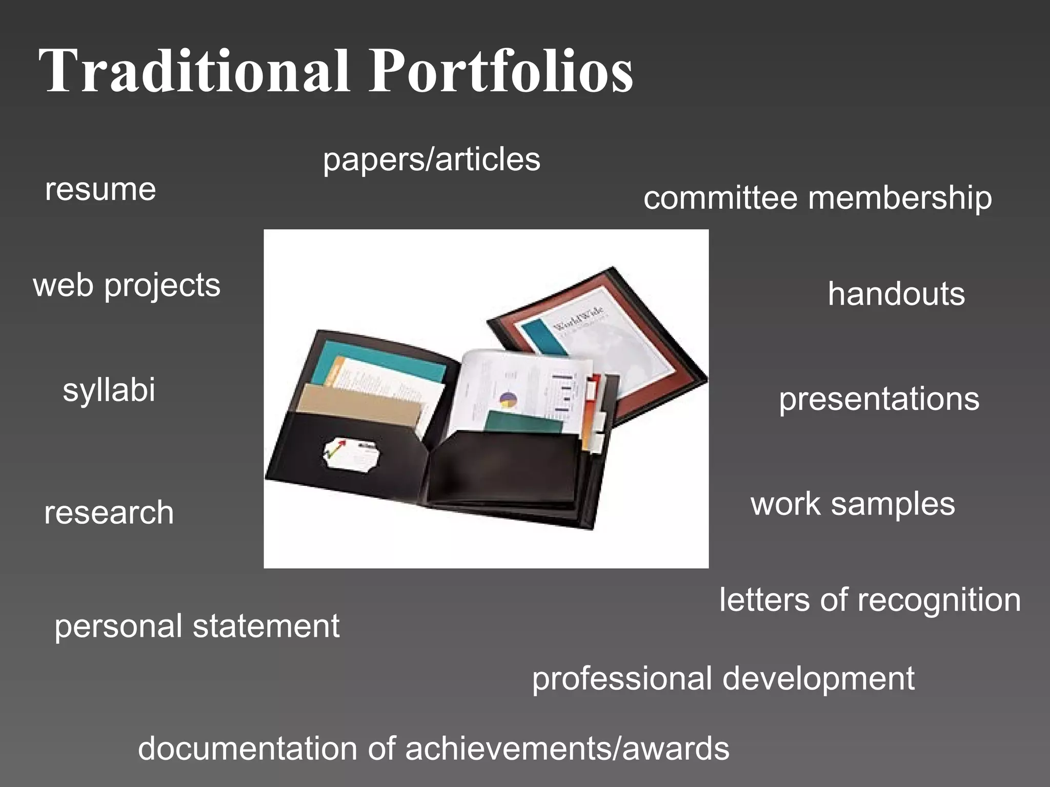 Traditional Portfolios presentations papers/articles syllabi web projects letters of recognition resume personal statement documentation of achievements/awards professional development handouts research work samples committee membership 