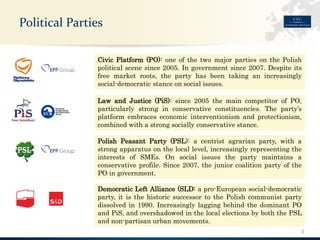PoliticalParties 
3 
CivicPlatform(PO):oneofthetwomajorpartiesonthePolishpoliticalscenesince2005.Ingovernmentsince2007.Despiteitsfreemarketroots,thepartyhasbeentakinganincreasinglysocial-democraticstanceonsocialissues. 
LawandJustice(PiS):since2005themaincompetitorofPO, particularlystronginconservativeconstituencies.Theparty’splatformembraceseconomicinterventionismandprotectionism, combinedwithastrongsociallyconservativestance. 
DemocraticLeftAlliance(SLD:apro-Europeansocial-democraticparty,itisthehistoricsuccessortothePolishcommunistpartydissolvedin1990.IncreasinglylaggingbehindthedominantPOandPiS,andovershadowedinthelocalelectionsbyboththePSLandnon-partisanurbanmovements. 
PolishPeasantParty(PSL):acentristagrarianparty,withastrongapparatusonthelocallevel,increasinglyrepresentingtheinterestsofSMEs.Onsocialissuesthepartymaintainsaconservativeprofile.Since2007,thejuniorcoalitionpartyofthePOingovernment.  