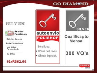 Loja Virtual
Personalizada
My Office
Bebidas
Funcionais
Materiais da apoio
Pasta Personalizada
10xR$62,00
SILVER
Qualificaç ão
Mensal
300 VQ’s
 