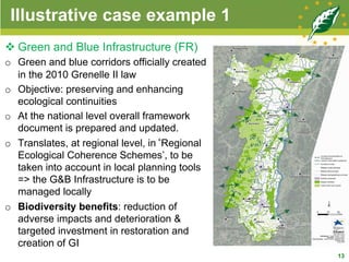 Illustrative case example 1
v Green and Blue Infrastructure (FR)
o  Green and blue corridors officially created
in the 2010 Grenelle II law
o  Objective: preserving and enhancing
ecological continuities
o  At the national level overall framework
document is prepared and updated.
o  Translates, at regional level, in‘Regional
Ecological Coherence Schemes’, to be
taken into account in local planning tools
=> the G&B Infrastructure is to be
managed locally
o  Biodiversity benefits: reduction of
adverse impacts and deterioration &
targeted investment in restoration and
creation of GI
13
 