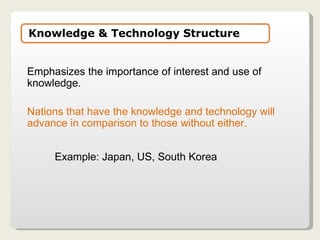 Emphasizes the importance of interest and use of knowledge. Nations that have the knowledge and technology will advance in comparison to those without either. Example: Japan, US, South Korea Knowledge & Technology Structure 