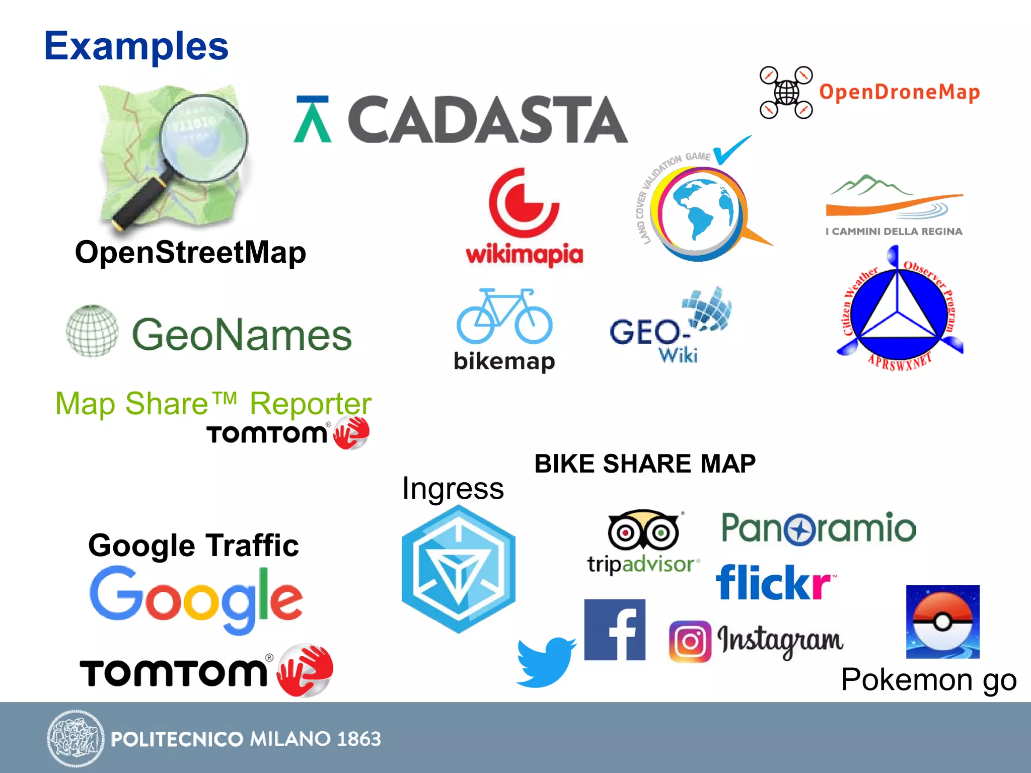OpenStreetMap
Examples
Google Traffic
Ingress
Pokemon go
Map Share™ Reporter
BIKE SHARE MAP
 