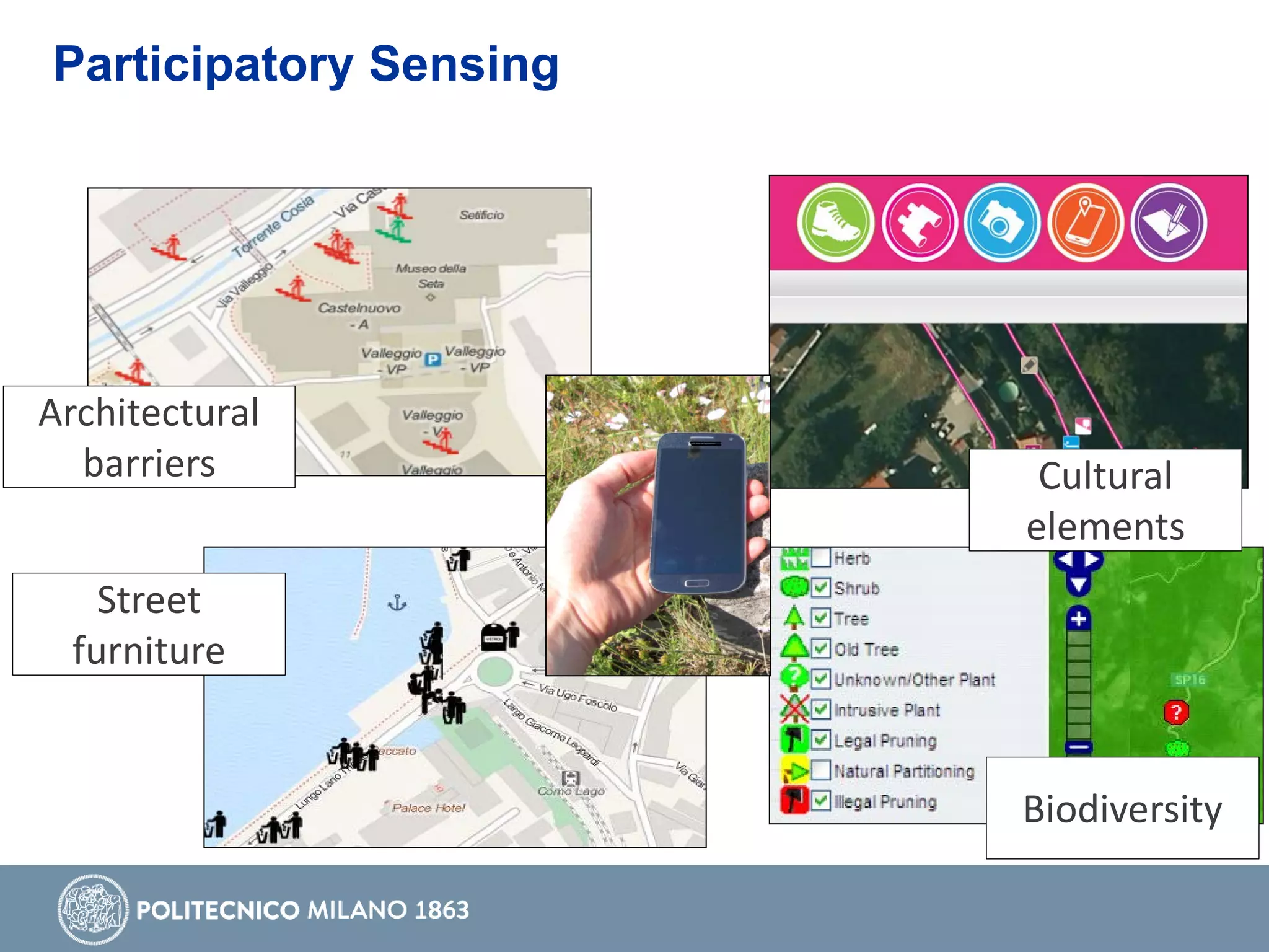 Biodiversity
Cultural
elements
Street
furniture
Architectural
barriers
Participatory Sensing
 