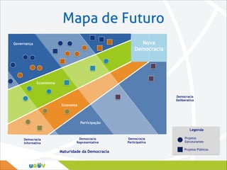 Mapa de Futuro
Nova
Democracia

Governança

Ecosistema

Democracia
Deliberativa

Economia

Participação
Legenda
Democracia
Informativa

Democracia
Representativa

Maturidade da Democracia

Democracia
Participativa

Projetos
Estruturantes
Projetos Públicos

 