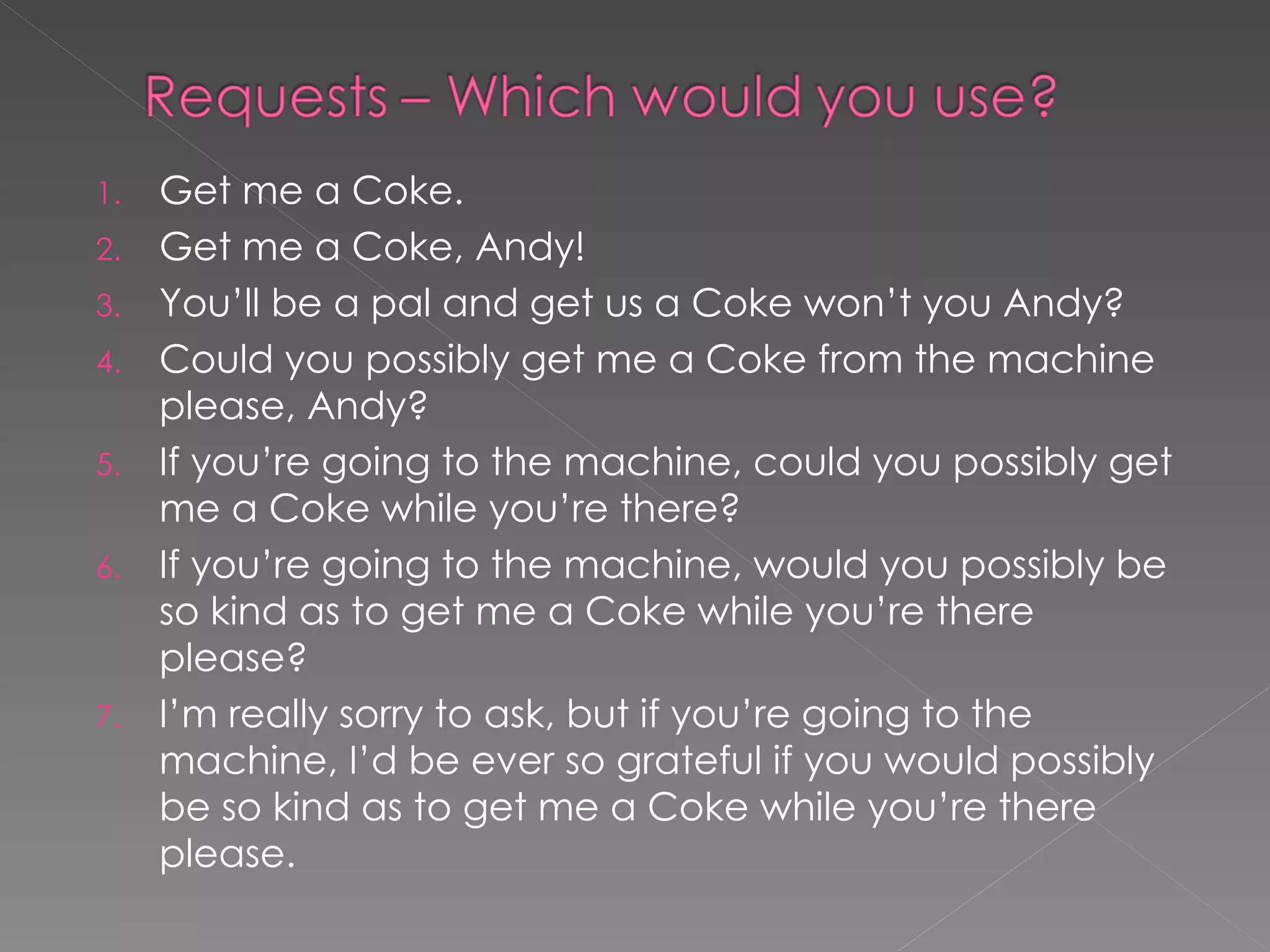 1.   Get me a Coke.
2.   Get me a Coke, Andy!
3.   You’ll be a pal and get us a Coke won’t you Andy?
4.   Could you possibly get me a Coke from the machine
     please, Andy?
5.   If you’re going to the machine, could you possibly get
     me a Coke while you’re there?
6.   If you’re going to the machine, would you possibly be
     so kind as to get me a Coke while you’re there
     please?
7.   I’m really sorry to ask, but if you’re going to the
     machine, I’d be ever so grateful if you would possibly
     be so kind as to get me a Coke while you’re there
     please.
 