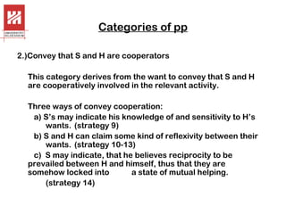 Categories of pp
2.)Convey that S and H are cooperators
This category derives from the want to convey that S and H
are cooperatively involved in the relevant activity.
Three ways of convey cooperation:
a) S’s may indicate his knowledge of and sensitivity to H’s
wants. (strategy 9)
b) S and H can claim some kind of reflexivity between their
wants. (strategy 10-13)
c) S may indicate, that he believes reciprocity to be
prevailed between H and himself, thus that they are
somehow locked into
a state of mutual helping.
(strategy 14)

 
