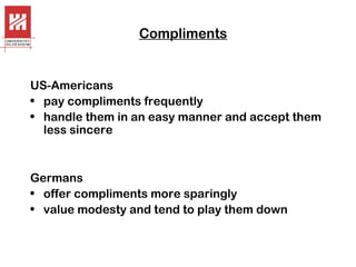Compliments

US-Americans
• pay compliments frequently
• handle them in an easy manner and accept them
less sincere

Germans
• offer compliments more sparingly
• value modesty and tend to play them down

 