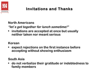 Invitations and Thanks

North Americans
“let`s get together for lunch sometime!”
• invitations are accepted at once but usually
neither taken nor meant serious
Korean
• expect rejections on the first instance before
accepting without showing enthusiasm
South Asia
• do not verbalize their gratitude or indebtedness to
family members

 