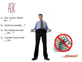 a) Can / Could / Would 
you …? 
b) Could you possibly …? 
c) Do / Would you mind 
___ing …? 
d) I wonder if you’d mind 
___ing … 
…please! 
 