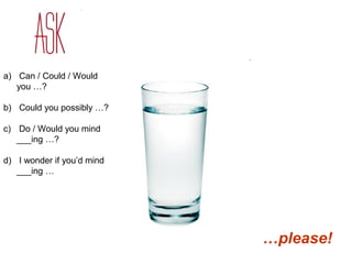 a) Can / Could / Would 
you …? 
b) Could you possibly …? 
c) Do / Would you mind 
___ing …? 
d) I wonder if you’d mind 
___ing … 
…please! 
 