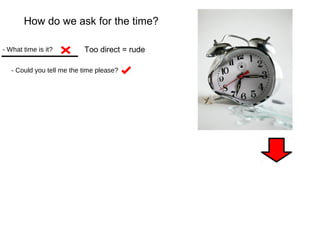 How do we ask for the time? 
- What time is it? 
Too direct = rude 
- Could you tell me the time please? 
 