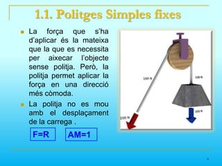 1. PolitgesLa politja és una màquina simple i consisteix en una roda que té, al llarg de tot el seu contorn, un solc per on passa una corda.	És fa servir per canviar el sentit en què actua la força.El seu funcionament és silenciós.No necessita lubrificació.Econòmiques de fabricar.Transmet movimient circular entre eixos separats.3
