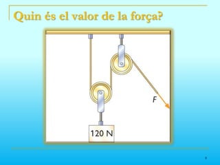R/3R/3R/6R/6R/6R/6R/6R/6R/6R/6F=R/6RF=R/2·nn=nombre de politges mòbils.Politgesmòbils: POLIPAST POTENCIALDades:R=240 Nn=3Solució:F=R/2·n=240/(2x3)=240/6F=40 N7