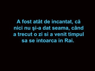 A fost at â t de incantat, c ă  nici nu  ş i-a dat seama, c â nd a trecut o zi si a venit timpul sa se intoarca in Rai.  