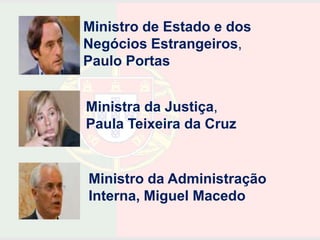Ministro de Estado e dos
Negócios Estrangeiros,
Paulo Portas


Ministra da Justiça,
Paula Teixeira da Cruz


Ministro da Administração
Interna, Miguel Macedo
 