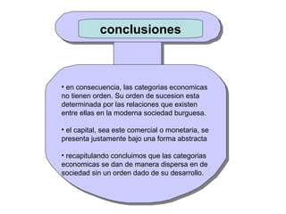 • en consecuencia, las categorias economicas
no tienen orden. Su orden de sucesion esta
determinada por las relaciones que existen
entre ellas en la moderna sociedad burguesa.
• el capital, sea este comercial o monetaria, se
presenta justamente bajo una forma abstracta
• recapitulando concluimos que las categorias
economicas se dan de manera dispersa en de
sociedad sin un orden dado de su desarrollo.
• en consecuencia, las categorias economicas
no tienen orden. Su orden de sucesion esta
determinada por las relaciones que existen
entre ellas en la moderna sociedad burguesa.
• el capital, sea este comercial o monetaria, se
presenta justamente bajo una forma abstracta
• recapitulando concluimos que las categorias
economicas se dan de manera dispersa en de
sociedad sin un orden dado de su desarrollo.
conclusiones
 