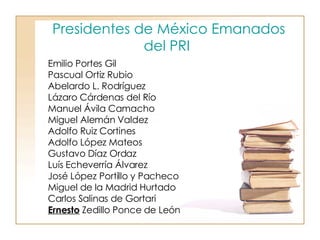 Presidentes de México Emanados del PRI   Emilio Portes Gil  Pascual Ortiz Rubio  Abelardo L. Rodríguez  Lázaro Cárdenas del Río  Manuel Ávila Camacho  Miguel Alemán Valdez  Adolfo Ruiz Cortines  Adolfo López Mateos  Gustavo Díaz Ordaz  Luís Echeverría Álvarez  José López Portillo y Pacheco  Miguel de la Madrid Hurtado  Carlos Salinas de Gortari  Ernesto  Zedillo Ponce de León  