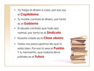 Yo traigo el dinero a casa, por eso soy el  Capitalismo Tu madre controla el dinero, por tanto es el  Gobierno El abuelo controla que todo sea normal, por tanto es el  Sindicato Nuestra criada es la  Clase obrera Todos nos preocupamos de que tú estés bien. Por eso tú eres el  Pueblo . Y tu hermanito, que todavía lleva pañales es el  Futuro 