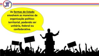 As formas de Estado
envolvem as maneiras de
organização político-
territorial, podendo ser
unitária, federal ou
confederativa.
 