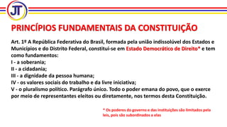PRINCÍPIOS FUNDAMENTAIS DA CONSTITUIÇÃO
Art. 1º A República Federativa do Brasil, formada pela união indissolúvel dos Estados e
Municípios e do Distrito Federal, constitui-se em Estado Democrático de Direito* e tem
como fundamentos:
I - a soberania;
II - a cidadania;
III - a dignidade da pessoa humana;
IV - os valores sociais do trabalho e da livre iniciativa;
V - o pluralismo político. Parágrafo único. Todo o poder emana do povo, que o exerce
por meio de representantes eleitos ou diretamente, nos termos desta Constituição.
* Os poderes do governo e das instituições são limitados pela
leis, pois são subordinados a elas
 