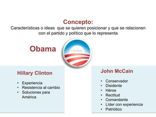John McCain
•  Conservador
•  Disidente
•  Héroe
•  Rectitud
•  Comandante
•  Líder con experiencia
•  Patriótico
Hillary ...