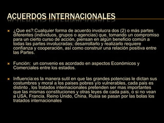 ACUERDOS INTERNACIONALES 
 ¿Que es?:Cualquier forma de acuerdo involucra dos (2) o más partes 
diferentes (individuos, grupos o agencias) que, tomando un compromiso 
para un cierto curso de acción, piensan en algún beneficio común a 
todas las partes involucradas; desarrollarlo y realizarlo requiere 
confianza y cooperación, así como construir una relación positiva entre 
las Partes. 
 Función: un convenio es acordado en aspectos Económicos y 
Comerciales entre los estados. 
 Influencia:es la manera sutil en que las grandes potencias le dictan sus 
costumbres y moral a los paises pobres y/o vulnerables, cada pais es 
distinto , los tratados internacionales pretenden ser mas importantes 
que las mismas constituciones y otras leyes de cada pais, o si no vean 
a USA, Francia, Reino Unido, China, Rusia se pasan por las bolas los 
tratados internacionales 
 